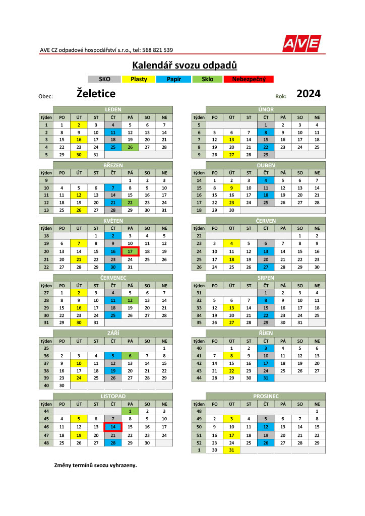 Kalendář svozu odpadů 2024